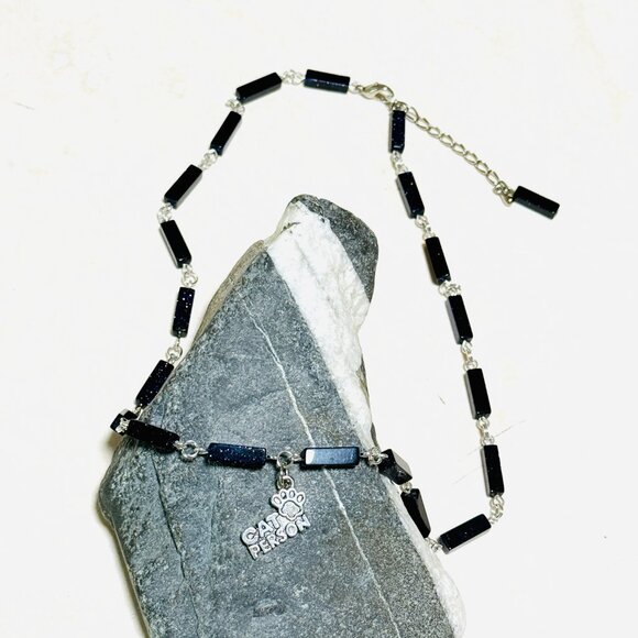 Dark Blue Goldstone Short Necklace w/ Silver Cat Person Paw Print Charm - Picture 4 of 14